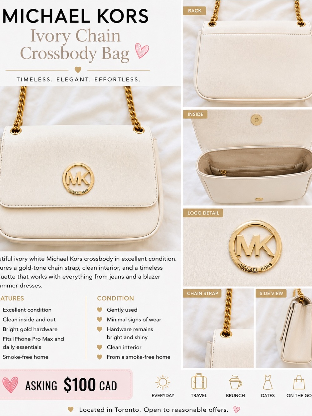 Michael Kors Ivory Chain Shoulder Bag with Gold Hardware